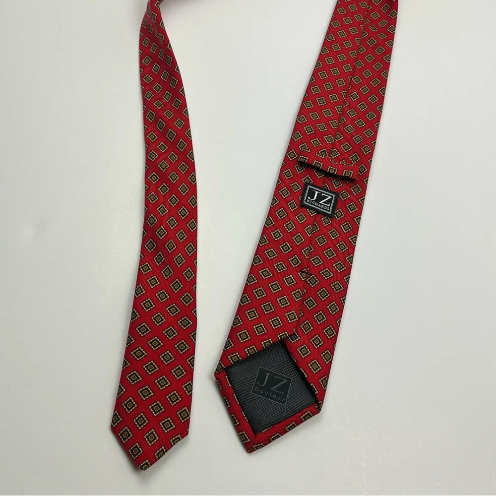 JZ Richards 100%‎ Silk Neck Tie Mens Red Geometric Print Made In USA